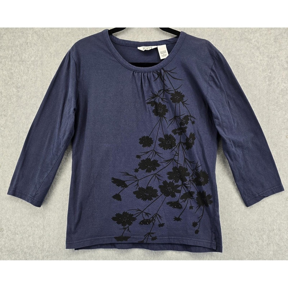 Keren Hart Vtg Floral Top Blue Black Shirt Womens M 3/4 Sleeve Side Slit Studded